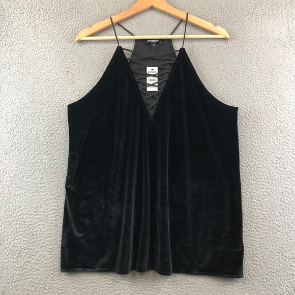New Express Black Velvet Cami Top Deep V-Neck Criss-Cross Detail L - Picture 1 of 8